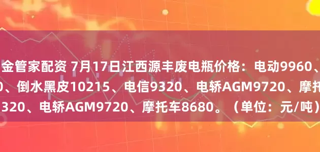 金管家配资 7月17日江西源丰废电瓶价格：电动9960、白壳9770、牵引10050、倒水黑皮10215、电信9320、电轿AGM9720、摩托车8680。（单位：元/吨）