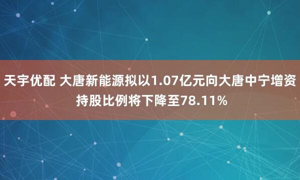 天宇优配 大唐新能源拟以1.07亿元向大唐中宁增资 持股比例将下降至78.11%